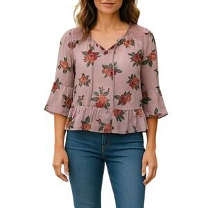 Self Esteem Floral Peplum Hem Bell Sleeve Blouse Y2K Lace Loose Fit Size Medium